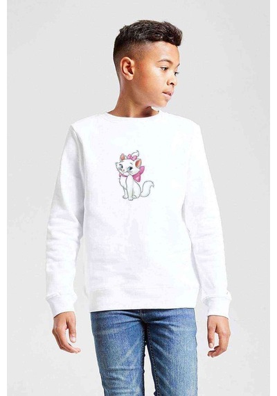 Tshirthane Sevilli Kedi Cad Baskılı Unisex Çocuk Beyaz Sweatshirt Beyaz