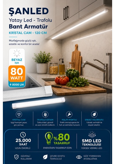 80wat 120 Cm Kristal Yatay Led Bant Armatür-trafolu Beyaz Işık -2 Adet