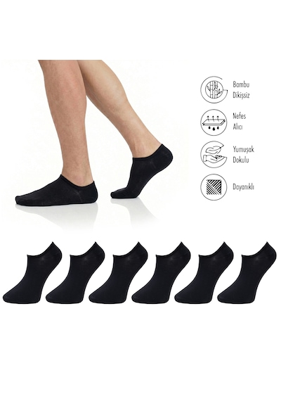 Lion Monroe Saf Bambu Erkek Sneaker Siyah Çorap Dikişsiz Görünmez Bilekte Spor Çorap Premium 6'lı L5952aznb Softaura