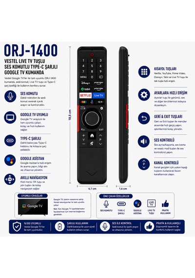 Vestel -1400 Type-c Ses Komutlu Google Tv Kumandası