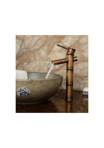 Rena Design Bambu Model Rustik Antik Lavabo Bataryası Banyo Çanak Musluğu Eskitme Lavabo Armatür Otantik Bakır Antik Eskitme Bakır Görünüm