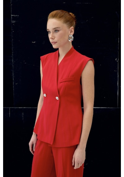Sateen Anna Çizgili Yelek - Kırmızı-137104 Kırmızı