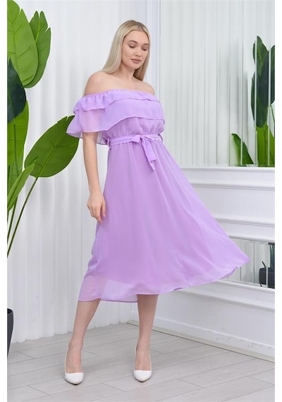 Dip Moda Kadın Madonna Yaka Kuşaklı Şifon Elbise Dpry8060 Lila