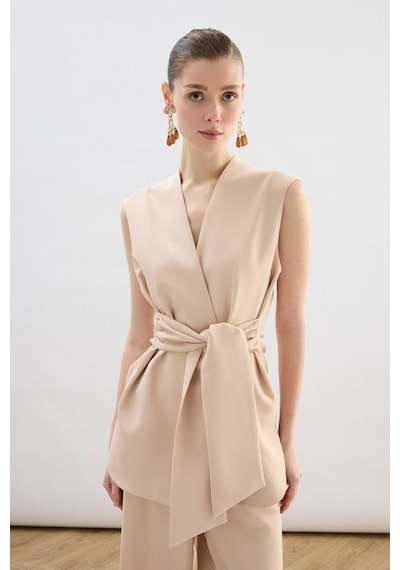 Sateen Kalın Kuşaklı Yelek - Bej-136857 Bej