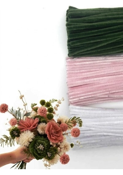 75 Adet 3'lü Şönil Beyaz, Soft Pembe Ve Koyu Yeşil ,çiçek Yapımına Uygun Tüylü Tel