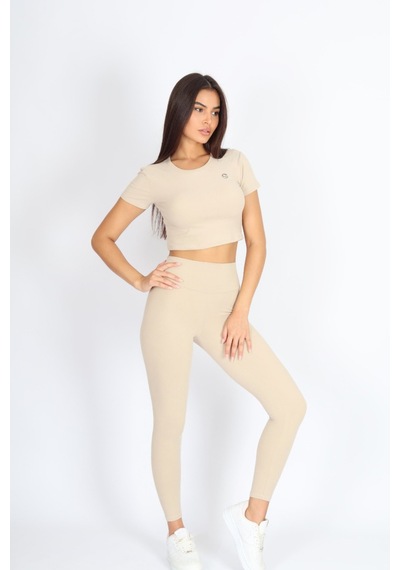 Kadın Organik Kumaş Bisiklet Yaka Vücuda Oturan Slim Fit Atlet Bluz Bej