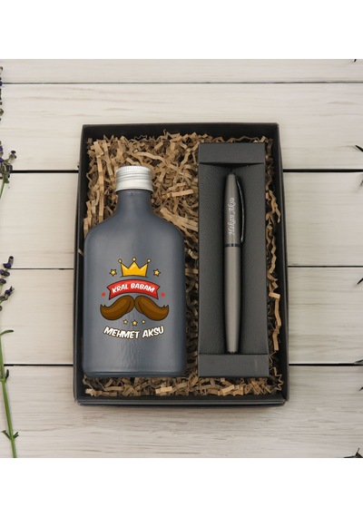 Bk Gift Kişiye Özel İsimli Baba Temalı Antrasit Tasarım Cam Şişede Kolonya 200 Ml Ve Metal Roller Kalem Hediye Seti-3, Babaya Hediye, Babalar Günü Hed