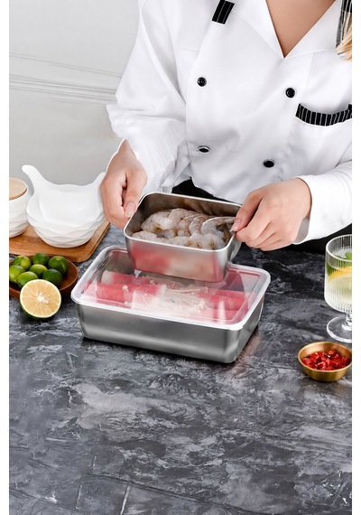 3 Adet Set 304 Çelik Yemek Meyve Et Buzdolabı Beslenme Saklama Kabı Mt323 Gri
