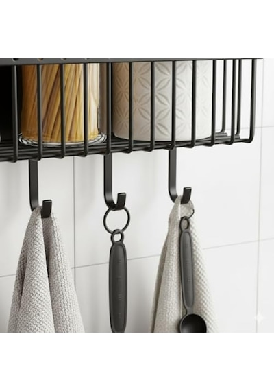 Yapışkanlı Plastik Siyah Banyo Ve Mutfak Rafı Su Tahliyeli Duş Organizeri, Askılı Düzenleyici 2'li Set Diğer