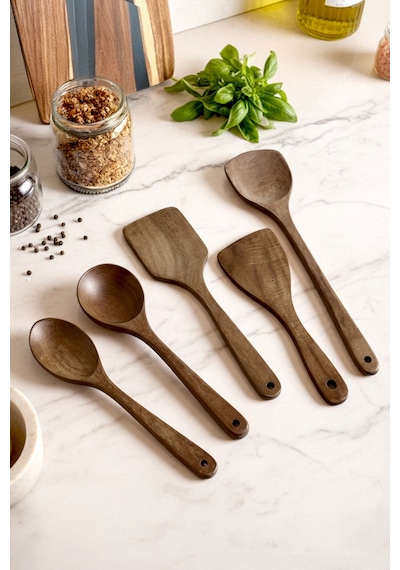 5 Parça Akasya Servis Takımı - Akasya Servis Kaşık Spatula Kepçe Seti Servis Seti Kahverengi