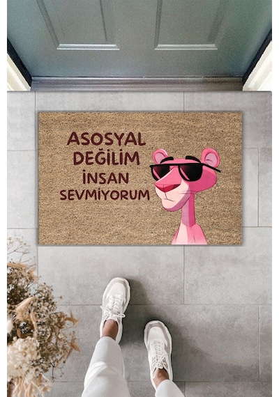 Rugmood Modern Dijital Baskı Paspas - Asosyal Değilim İnsan Sevmiyorum - Kapı Önü Paspası Kahverengi