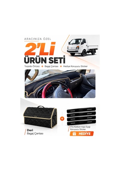 E-biz Hyundai H100 2004-2019 Uyumlu Torpido Örtüsü + Deri Bagaj Çantası Seti - Siyah-bej - Hu022