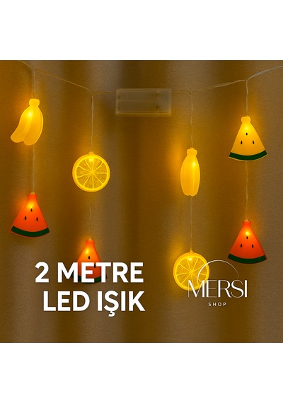 2 Metre 10 Led Karışık Meyve Şeklinde Pilli Dekoratif Aydınlatma Işık Süsü Altın