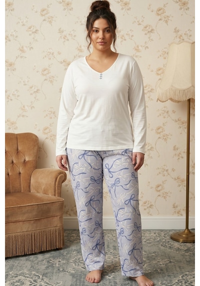 Siyah İnci Desenli Düğmeli Büyük Beden Battal Boy Viskon Örme Pijama Takım 26224838 Ekru