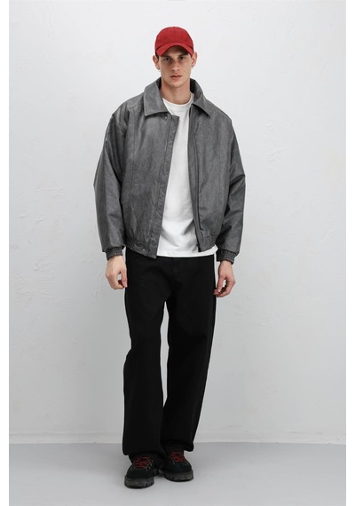 Vamos Oversize Deri Bomber Ceket Gri