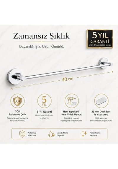 Alper Banyo 304 Paslanmaz Çelik Havlu Askısı 40 Cm, Parlak Krom Kaplama, Yapışkanlı Ve Vidalı Montaj, Banyo Akses Diğer