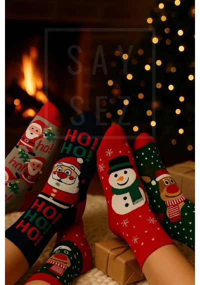 Saysez Unisex Yılbaşı Desenli 4'lü Paket Renkli Soket Çorap Christmas Happy New Year Çok Renkli