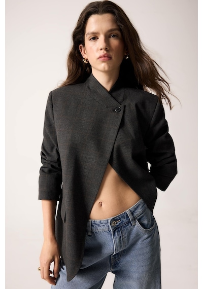 Defacto Ekose Desenli Asimetrik Hakim Yaka Blazer Ceket I2913ax26aubn601 Kahve-bn601