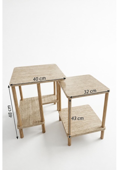 Modern Minimal Tasarım Yan Sehpa Dekoratif Ahşap Zigon Sehpa 2li Set 40 50cm Traverten