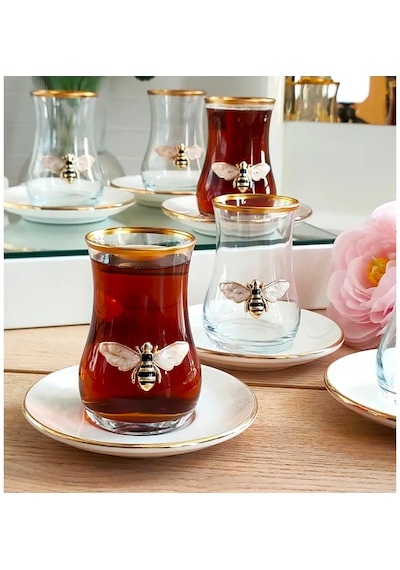 Queen Bee 12 Parça Çay Takımı 6 Kişilik Cam - Porselen Çay Seti Arı Desenli Şık Sunum Takımı Şeffaf