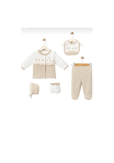 Mou&kou Yenidoğan 5li Zıbın Set/%100 Pamuk Kız Bebek Hastane Çıkışı/hediyelik Kız Bebek Hastane Çıkışı Bej Melanj