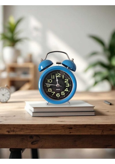 Metal Süper Yüksek Sesli Alarm Saati, Işıklı, Fosforlu, Gece Görünen Kadranlar, Sessiz Saniyeli Mavi