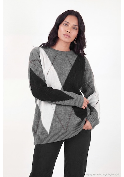 Lela Oversize Fit Bisiklet Yaka Baklava Desenli Kazak Kadın Kazak 4615578 Antrasit