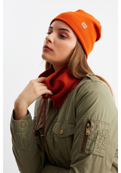 Butikgiz Kadın Balıkçı Style Pamuklu Kaşkorse Terletmez Ultra Hafif Yumuşak Bere Boyunluk Takım Kiremit