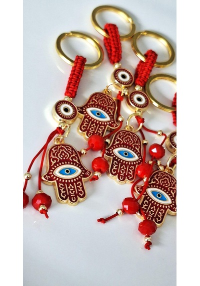Hediyelik 3'lü Fatma Ana Eli & Hamse Anahtarlık - Kırmızı - 9,5 Cm