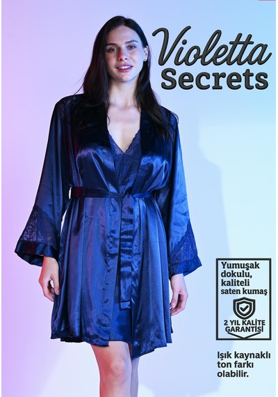 Violetta Secrets Büyük Beden Lacivert Dantelli Kısa Saten Gecelik Ve Sabahlık Takım Lacivert