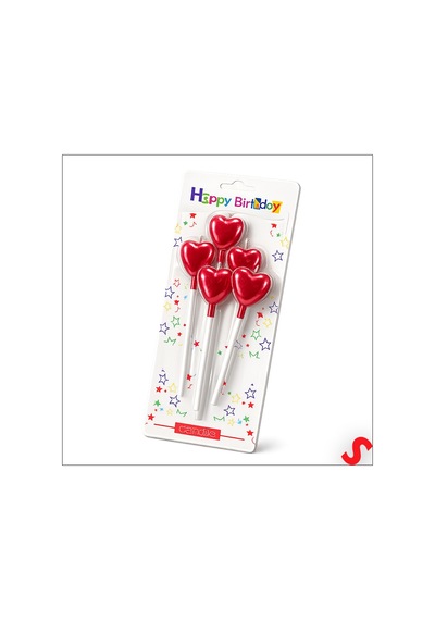 Çubuklu Metalik Kırmızı Kalp Mum - 13 Cm X 4 Adet