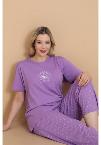 Wordex Mirano 4501 Kısa Kollu Lila Süprem Kumaş Büyük Beden Kadın Pijama Takımı