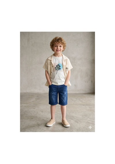 Süslü Kids Erkek Çocuk Muslin Kumaş Palmiye Detaylı Gömlek/tişört/kot Şortlu Takım Bej