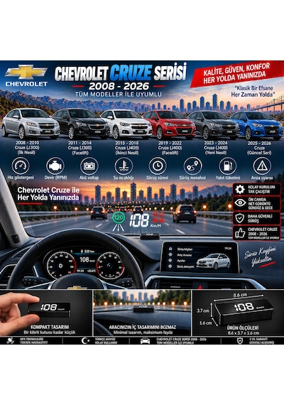 Chevrolet Cruize Serisi 2003-2026 Modeller İçin Head Up Display Hayalet Gösterge Ekranı Ön Cam Hız Göstergesi