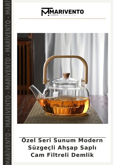 Özel Seri Sunum Modern Süzgeçli Ahşap Saplı Cam Filtreli Demlik Çok Renkli