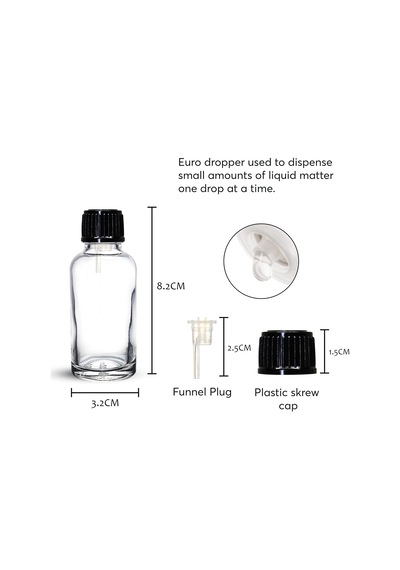 30 Ml Şeffaf / Şeffaf Yuvarlak Boş Cam Şişe + Euro Damlalık + Siyah Kapak, Doldurulabilir, Uçucu Yağlar İçin Sızdırmaz, Kendin Yap Parfümleri 3'lü Paket