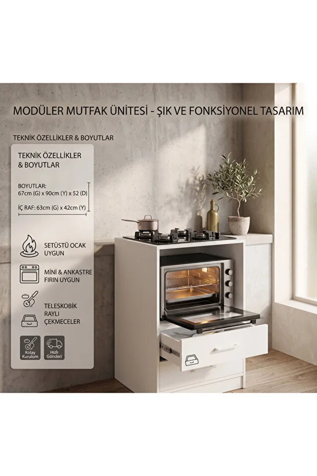 Mini Midi Fırın Dolabı Çekmeceli Çok Amaçlı Mutfak Dolabı Beyaz