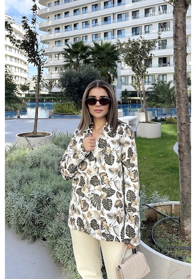 Kadın Haki Desenli, Uzun Kol, Düğme Kapamalı, Kruvaze Ceket Kahve
