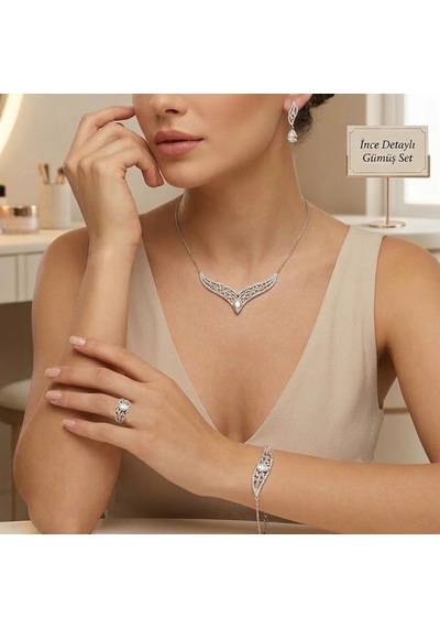 925 Ayar Gümüş Zirkon Taşlı Kolye Küpe Bileklik Yüzük Seti 83039262