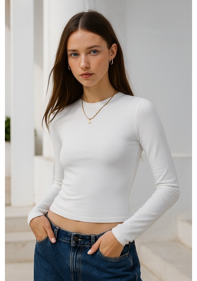 Rich Kadın Ekru Bisiklet Yaka Esnek Kumaşlı Vücuda Oturan Slim Fit Uzun Kollu Crop Body Ekru
