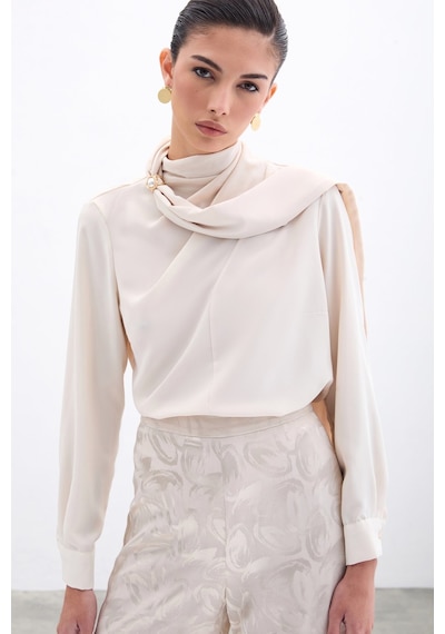 Sateen Şal Detaylı Bluz - Bej-135954 Bej