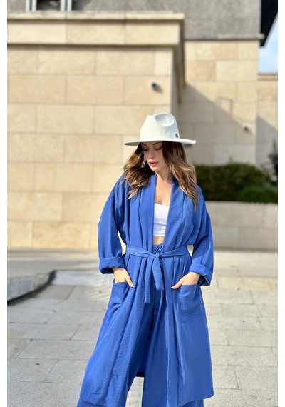 WeShaya Kadın İndigo Çift Cepli Uzun Kimono & Bol Paça Pantolon - Salaş Alt & Üst Takım Indigo