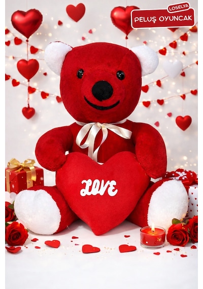 Sevgililer Günü Peluş Oyuncak Hediyelik Kırmızı Love Kalpli Peluş Ayıcık 50 Cm Kırmızı-kalpli Kırmızı Ayıcık