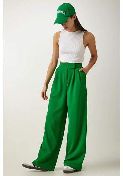 Trend Alisse Kadın Beli Cırt Cırtlı Pileli Bol Paça Palazzo Pantolon Wide Leg Yeşil