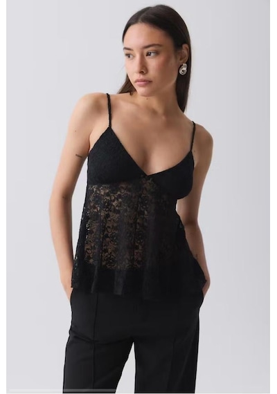 Madmext Siyah Askısı Ayarlanabilir Dantelli Bluz Mg2348
