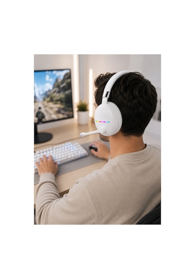 Kullanışlı Kablosuz Bluetooth Mikrofonlu Beyaz Kulaklık Rgb Işıklı