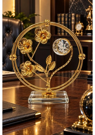 Ers Gold Metal Dekoratif Obje 18x18 Cm Cam Küreli Çiçek Ve Kelebek Figürlü Masa Süsü
