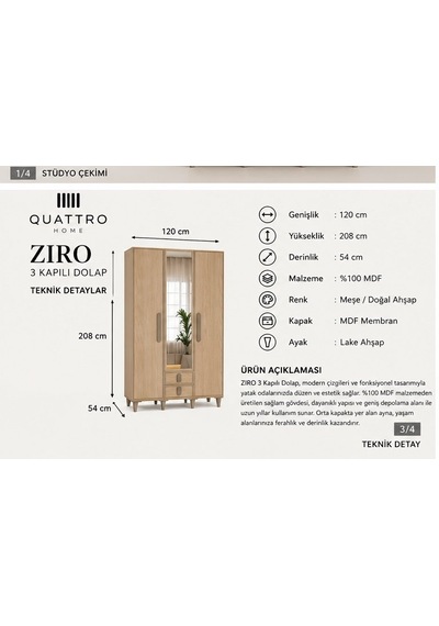 Zıro 3 Kapaklı Dolap Ahşap