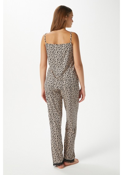 Ritnice Kadın Betty Leopar 3'lü Paket Sabahlıklı İp Askılı Dantelli Fitilli Örme Pijama Takımı Leopar
