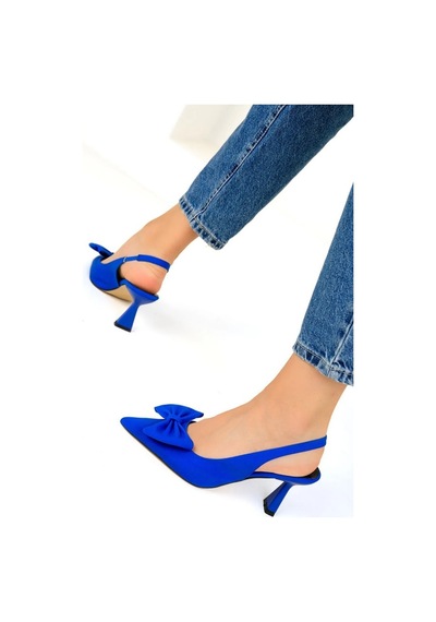 Feles Kurdela Detaylı Arkası Açık Stiletto Kadın Topuklu Ayakkabı MAVİ